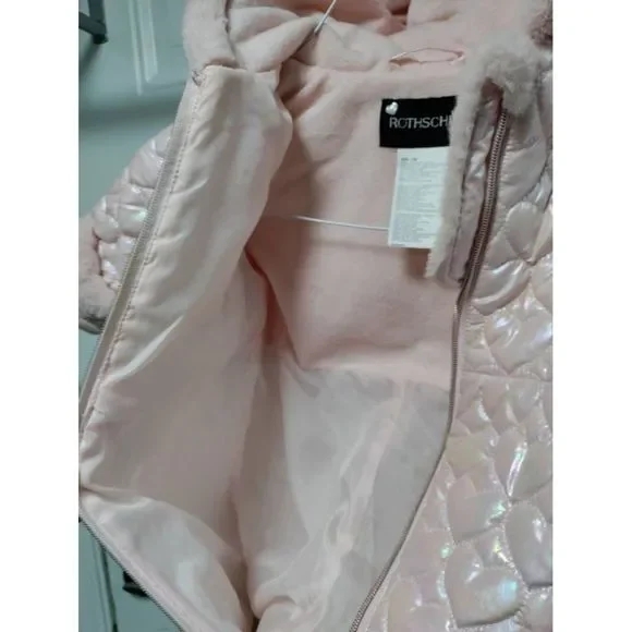 Rothschild & Co Baby Girls Hooded Quilted-Heart Footed Pram Faux-Fur Trim 12M - Picture 3 of 6